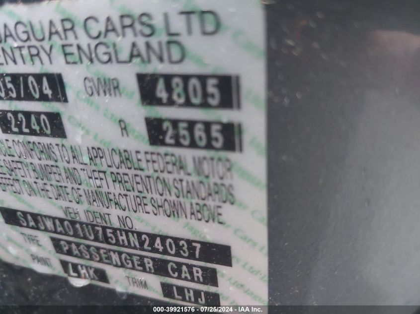 2005 Jaguar S-Type 4.2 VIN: SAJWA01U75HN24037 Lot: 39921576