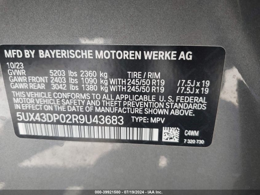 2024 BMW X3 Sdrive30I VIN: 5UX43DP02R9U43683 Lot: 39921580