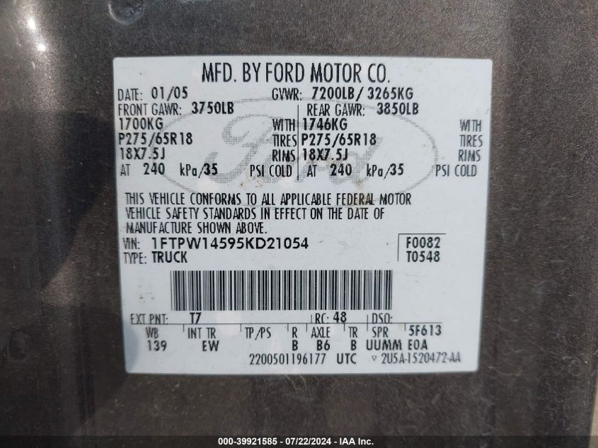 2005 Ford F-150 Fx4/Lariat/Xlt VIN: 1FTPW14595KD21054 Lot: 39921585