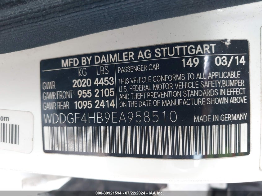 2014 Mercedes-Benz C 250 Luxury/Sport VIN: WDDGF4HB9EA958510 Lot: 39921594