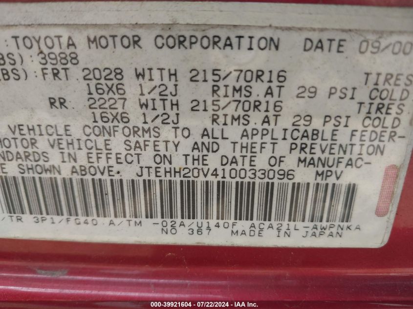 2001 Toyota Rav4 VIN: JTEHH20V410033096 Lot: 39921604