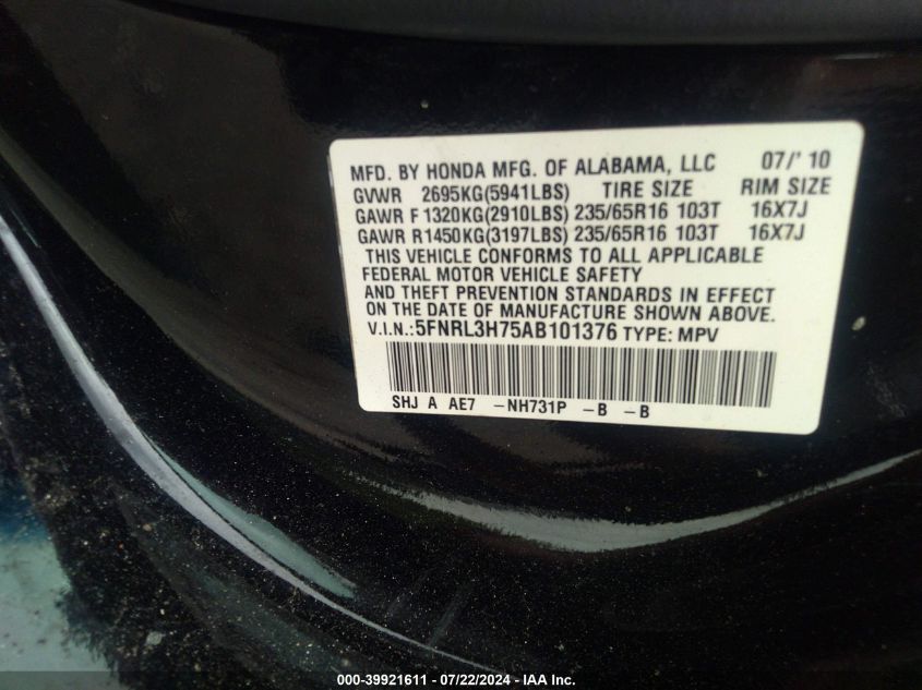 2010 Honda Odyssey Ex-L VIN: 5FNRL3H75AB101376 Lot: 39921611