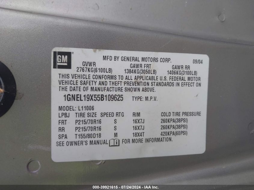 2005 Chevrolet Astro VIN: 1GNEL19X558109625 Lot: 39921615