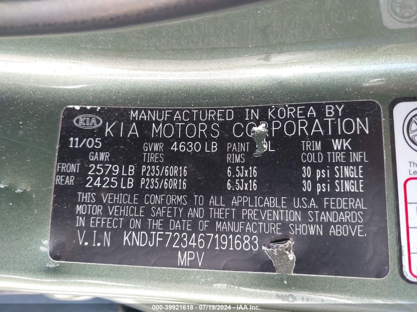 2006 Kia Sportage Ex V6/Lx V6 VIN: KNDJF723467191683 Lot: 39921618