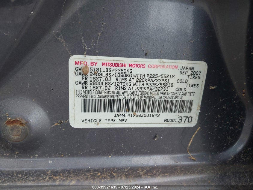 2008 Mitsubishi Outlander Xls VIN: JA4MT41X28Z001843 Lot: 39921635