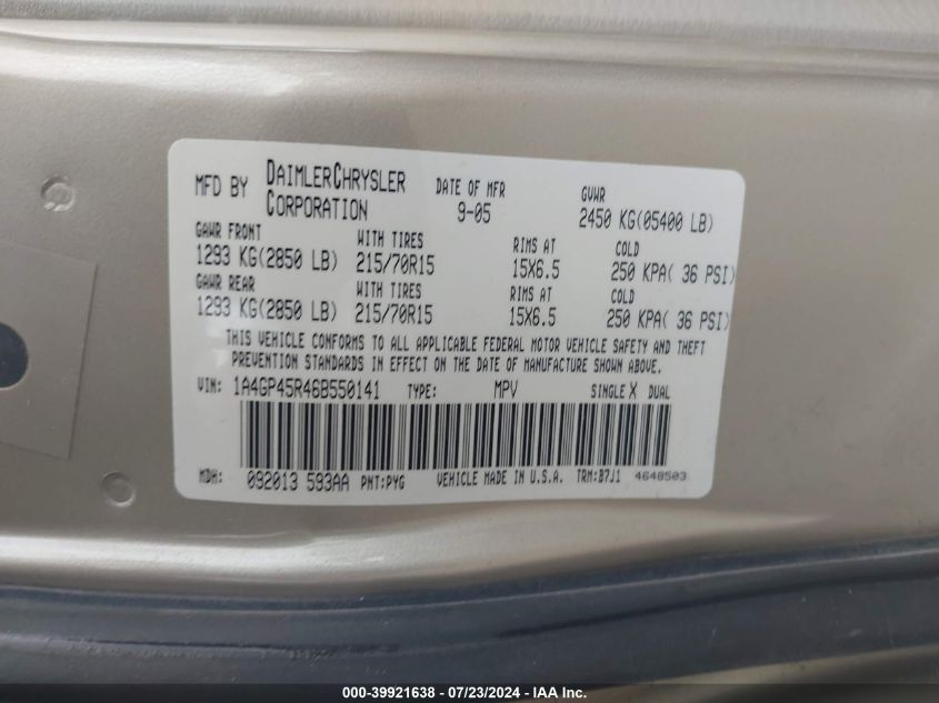 2006 Chrysler Town & Country VIN: 1A4GP45R46B550141 Lot: 39921638