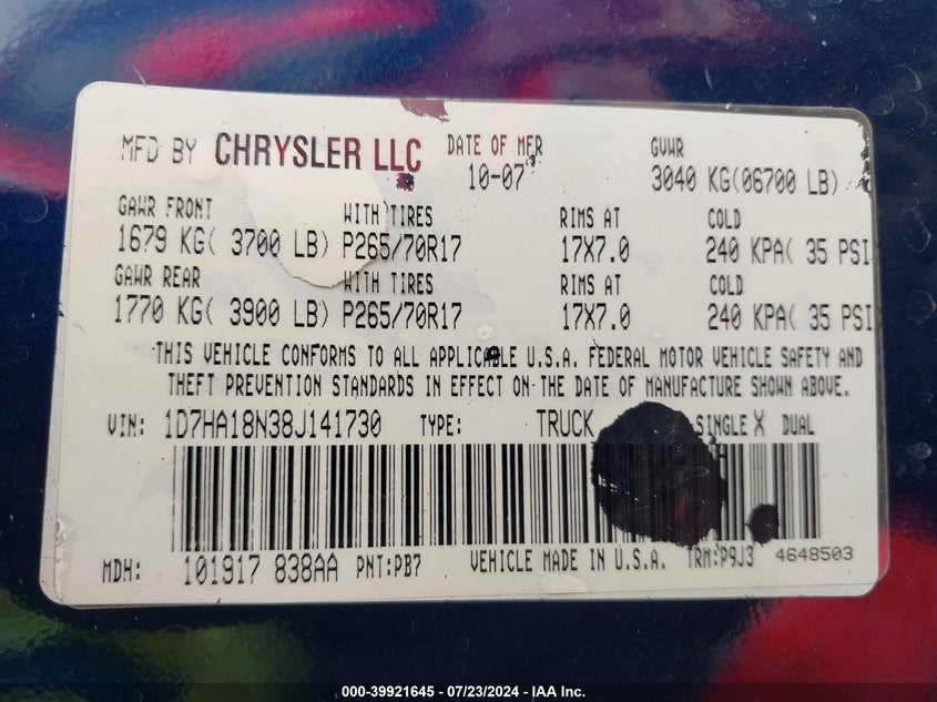 2008 Dodge Ram 1500 St/Sxt VIN: 1D7HA18N38J141730 Lot: 39921645