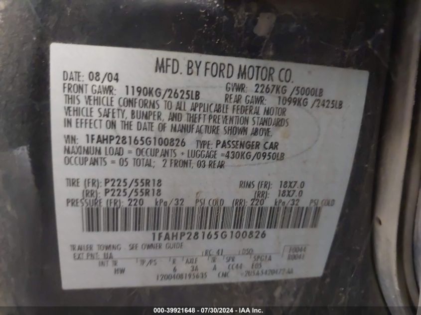 2005 Ford Five Hundred Limited VIN: 1FAHP28165G100826 Lot: 39921648