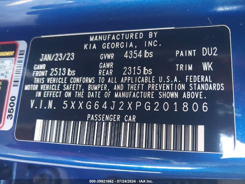 2023 Kia K5 Gt Line VIN: 5XXG64J2XPG201806 Lot: 39921662