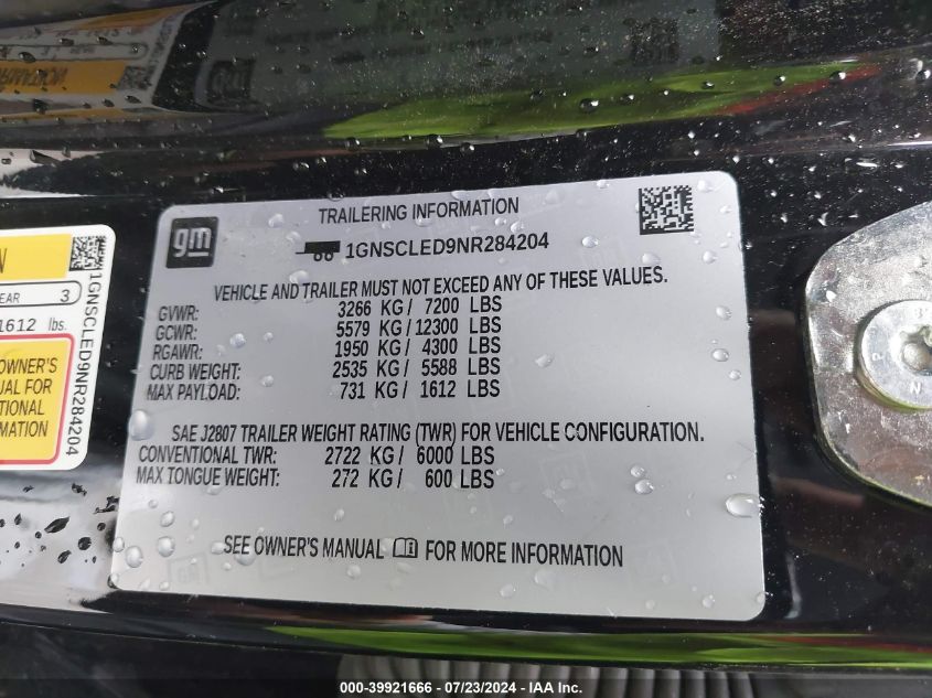 2022 Chevrolet Tahoe 2Wd Commercial Fleet VIN: 1GNSCLED9NR284204 Lot: 39921666