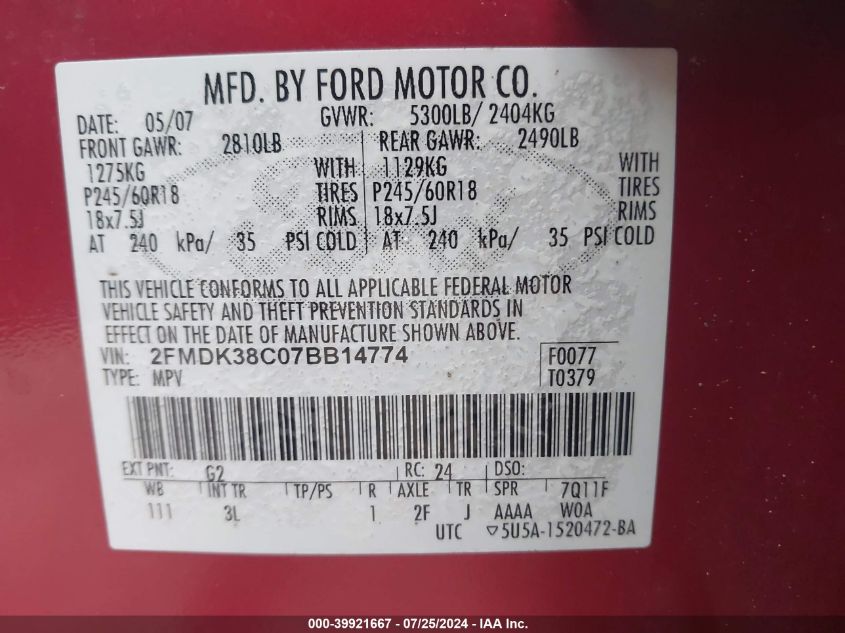 2007 Ford Edge Sel VIN: 2FMDK38C07BB14774 Lot: 39921667