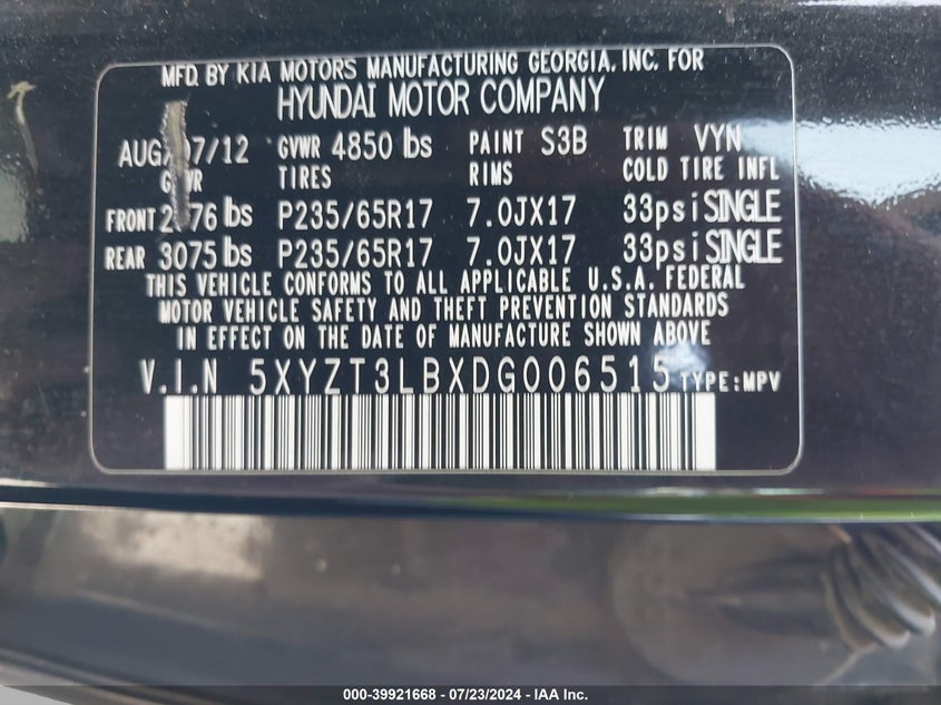 2013 Hyundai Santa Fe Sport VIN: 5XYZT3LBXDG006515 Lot: 39921668
