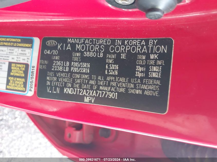2010 Kia Soul +/!/Sport VIN: KNDJT2A2XA7177901 Lot: 39921671