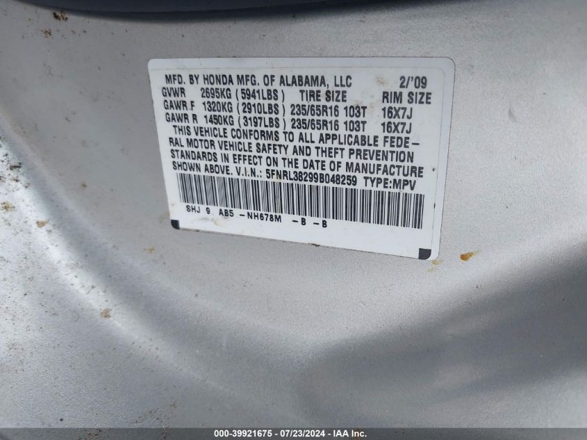 2009 Honda Odyssey Lx VIN: 5FNRL38299B048259 Lot: 39921675