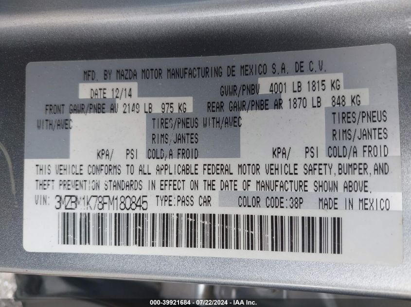 2015 Mazda Mazda3 I Sport VIN: 3MZBM1K78FM180845 Lot: 39921684