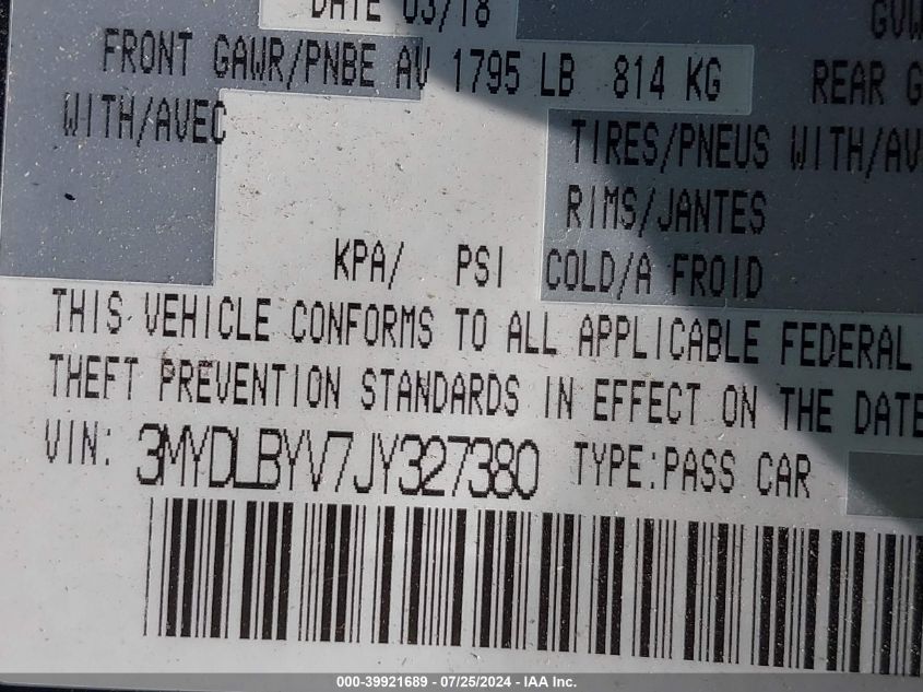 2018 Toyota Yaris Ia VIN: 3MYDLBYV7JY327380 Lot: 39921689