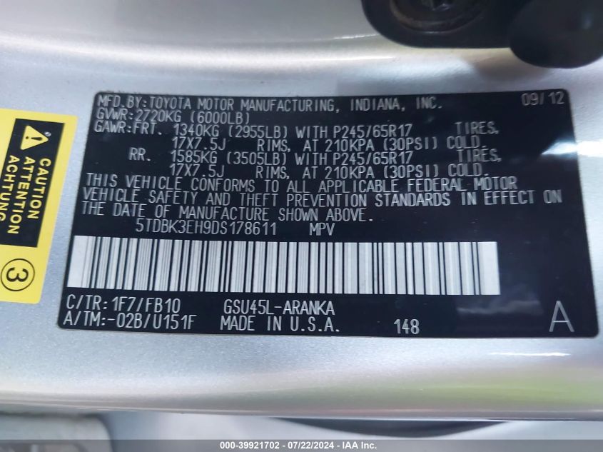 2013 Toyota Highlander Plus/Se VIN: 5TDBK3EH9DS178611 Lot: 39921702