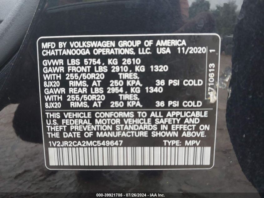 2021 Volkswagen Atlas 3.6L V6 Se W/Technology VIN: 1V2JR2CA2MC549647 Lot: 39921705