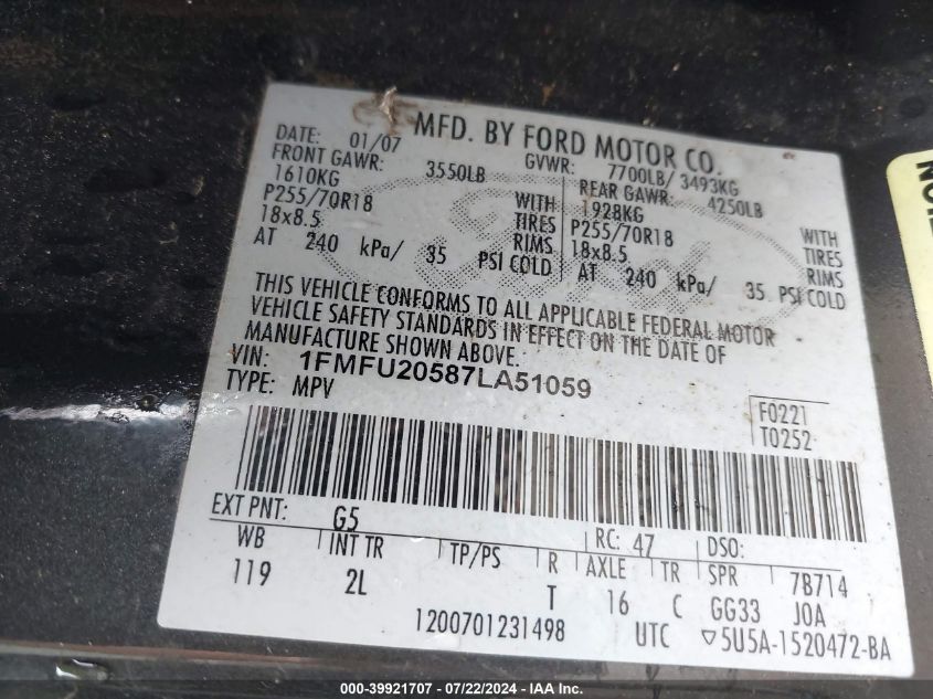 2007 Ford Expedition Limited VIN: 1FMFU20587LA51059 Lot: 39921707