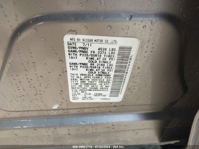 2011 Nissan Rogue S/Sv/Krom VIN: JN8AS5MV9BW690532 Lot: 39921710