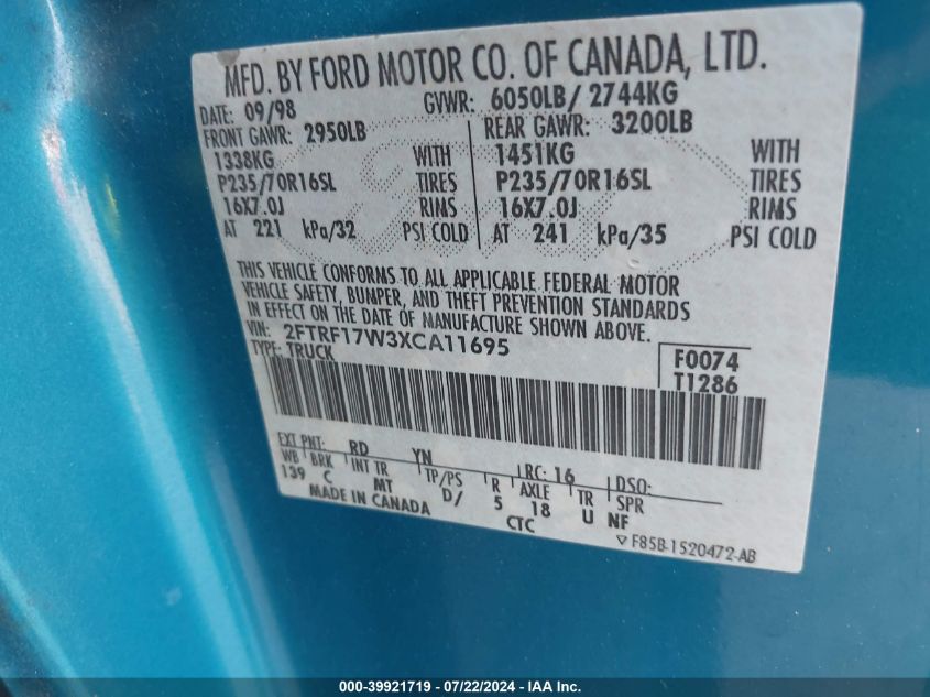 1999 Ford F-150 Lariat/Work Series/Xl/Xlt VIN: 2FTRF17W3XCA11695 Lot: 39921719