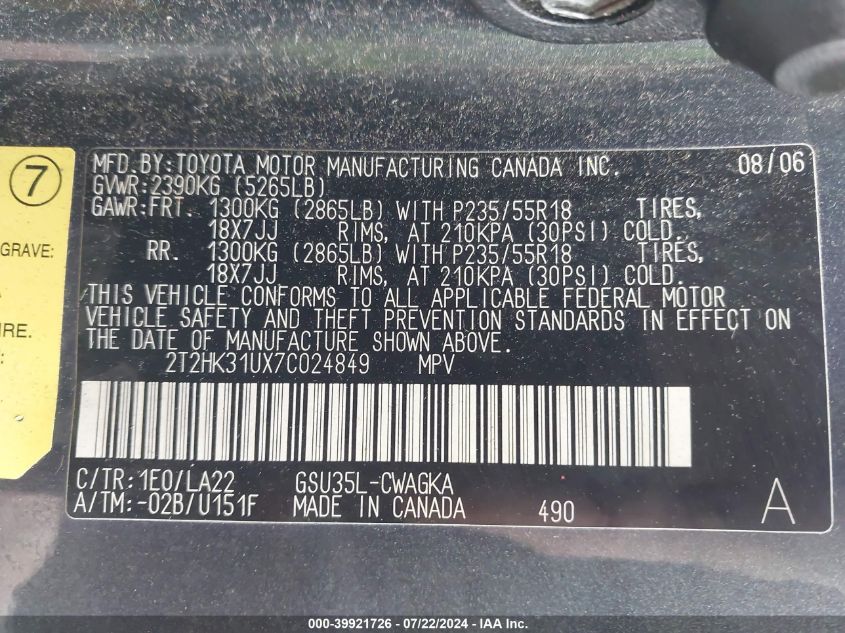 2007 Lexus Rx 350 VIN: 2T2HK31UX7C024849 Lot: 39921726