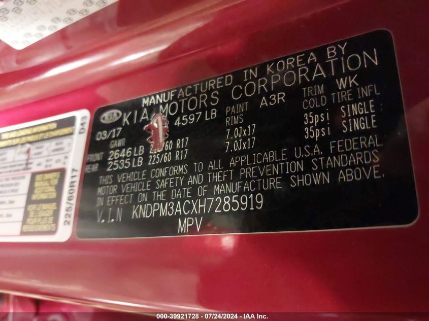2017 Kia Sportage Lx VIN: KNDPM3ACXH7285919 Lot: 39921728