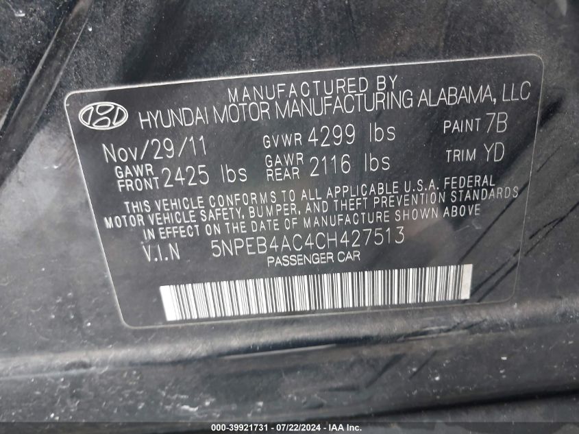 2012 Hyundai Sonata Gls VIN: 5NPEB4AC4CH427513 Lot: 39921731