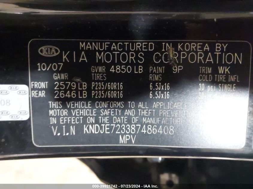 2008 Kia Sportage Lx V6 VIN: KNDJE723387486408 Lot: 39921742