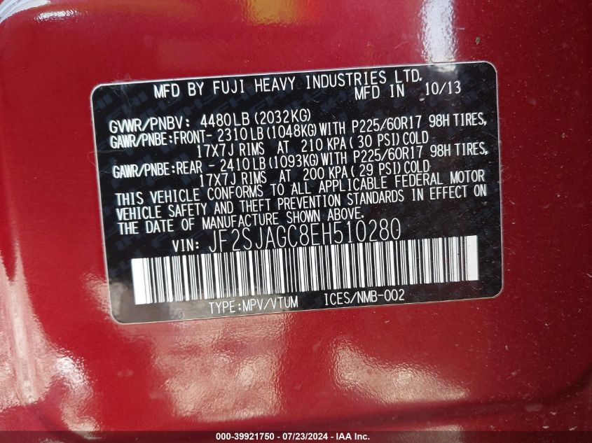 2014 Subaru Forester 2.5I Premium VIN: JF2SJAGC8EH510280 Lot: 39921750