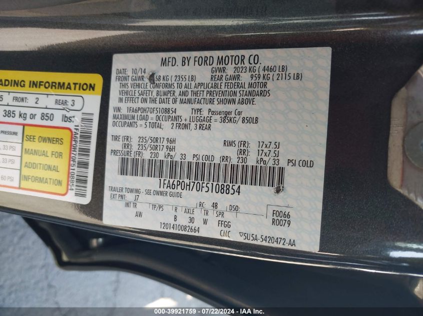 2015 Ford Fusion Se VIN: 1FA6P0H70F5108854 Lot: 39921759