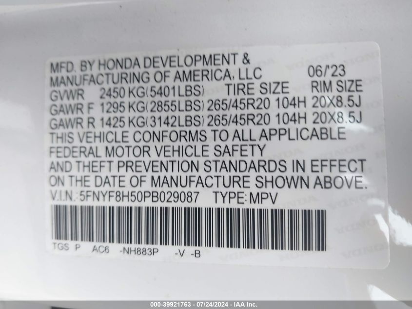 2023 Honda Passport Awd Ex-L VIN: 5FNYF8H50PB029087 Lot: 39921763