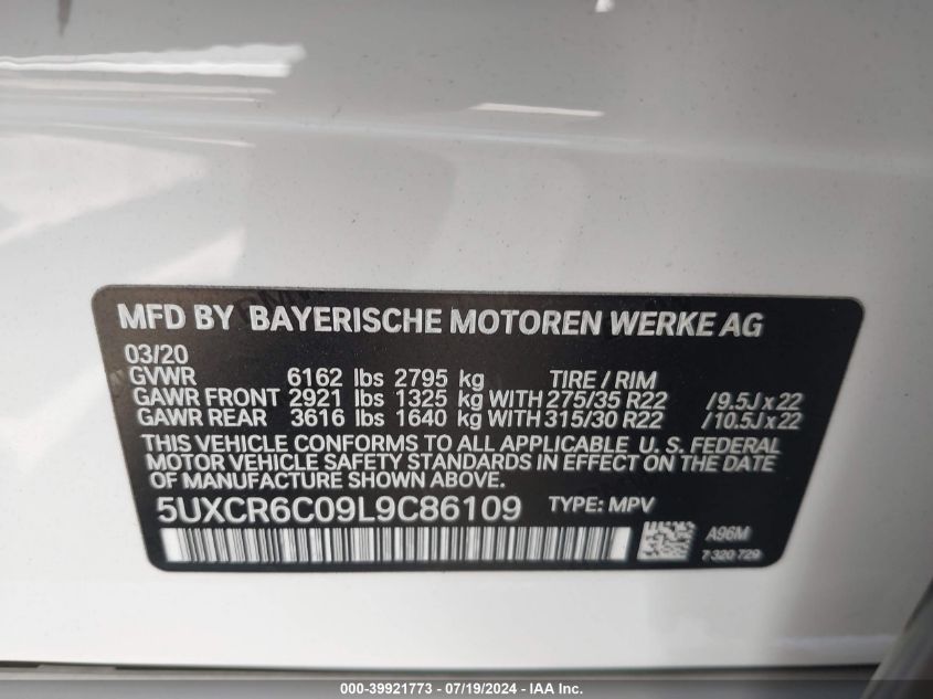 2020 BMW X5 xDrive40I VIN: 5UXCR6C09L9C86109 Lot: 39921773