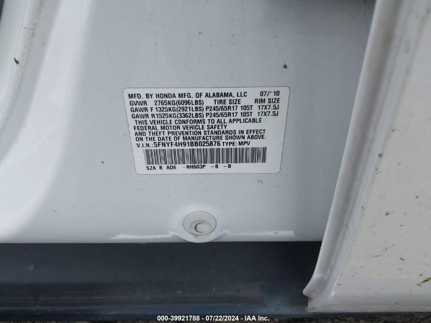 2011 Honda Pilot Touring VIN: 5FNYF4H91BB025876 Lot: 39921788