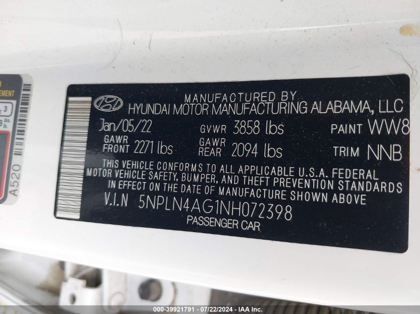 2022 Hyundai Elantra Sel VIN: 5NPLN4AG1NH072398 Lot: 39921791