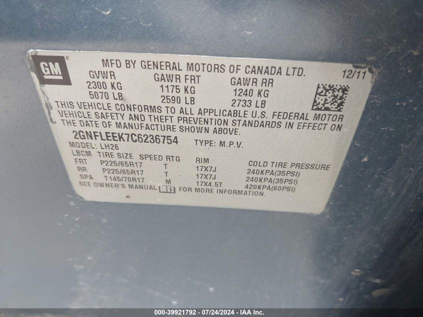 2012 Chevrolet Equinox 1Lt VIN: 2GNFLEEK7C6236754 Lot: 39921792