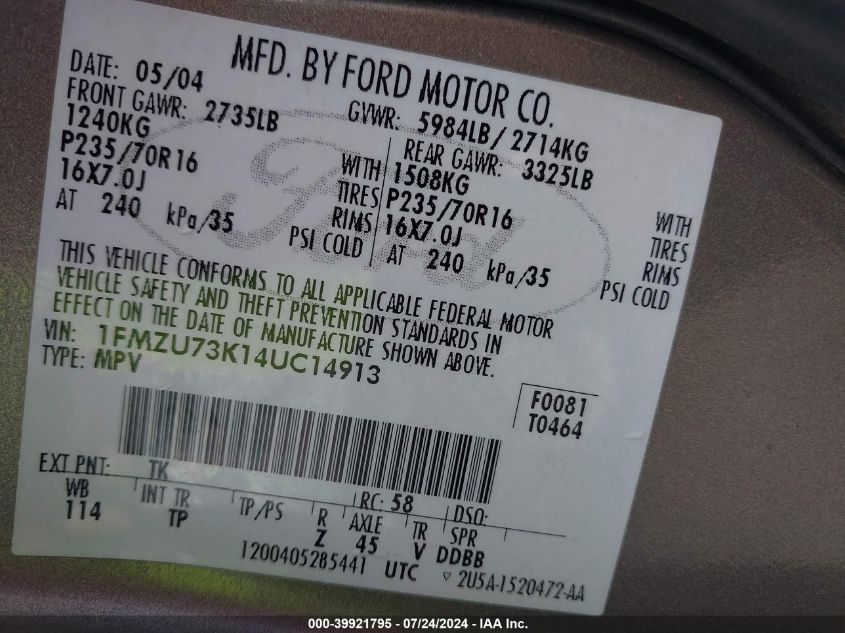 2004 Ford Explorer Nbx/Xlt VIN: 1FMZU73K14UC14913 Lot: 39921795