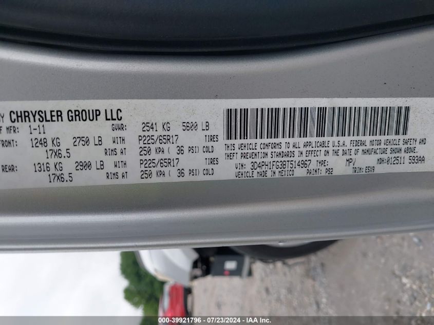 2011 Dodge Journey Mainstreet VIN: 3D4PH1FG3BT514967 Lot: 39921796