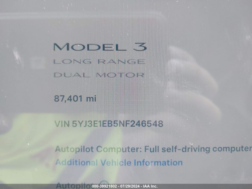 2022 Tesla Model 3 Long Range Dual Motor All-Wheel Drive VIN: 5YJ3E1EB5NF246548 Lot: 39921802