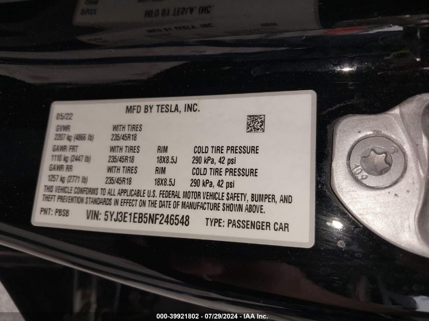 2022 Tesla Model 3 Long Range Dual Motor All-Wheel Drive VIN: 5YJ3E1EB5NF246548 Lot: 39921802