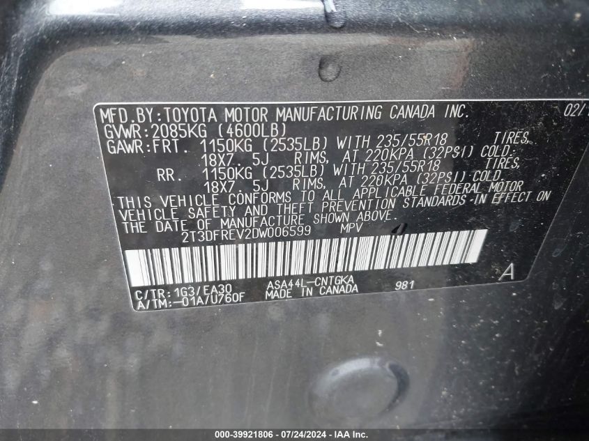 2013 Toyota Rav4 Limited VIN: 2T3DFREV2DW006599 Lot: 39921806