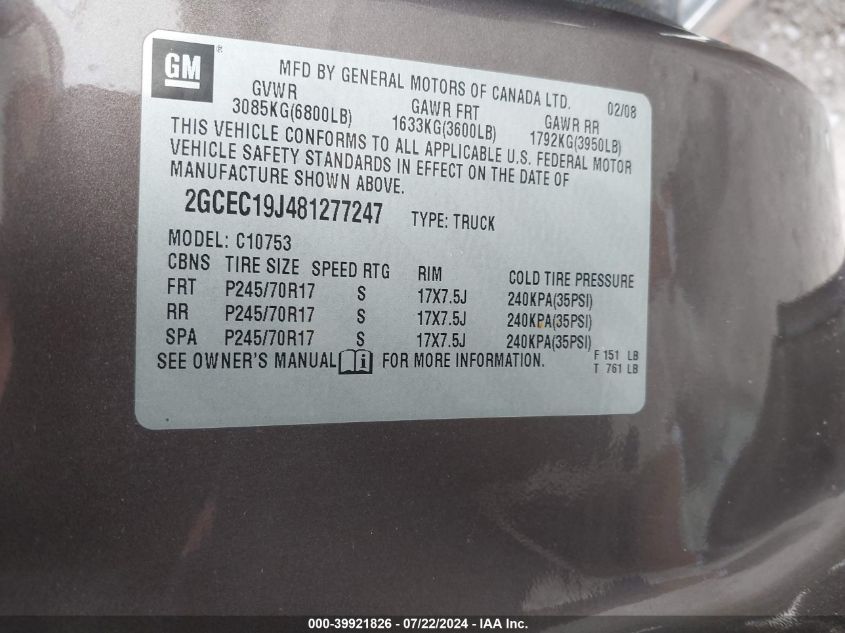 2008 Chevrolet Silverado 1500 Lt1 VIN: 2GCEC19J481277247 Lot: 39921826