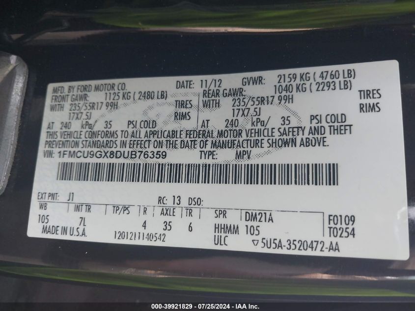 2013 Ford Escape Se VIN: 1FMCU9GX8DUB76359 Lot: 39921829