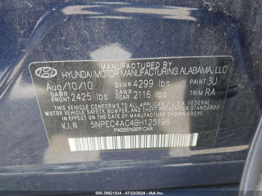 5NPEC4AC4BH125196 2011 Hyundai Sonata Se