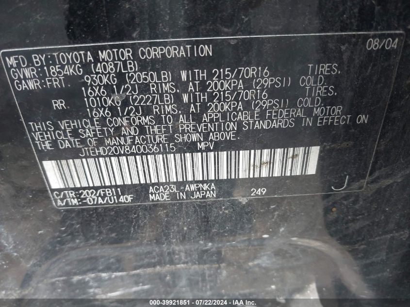 2004 Toyota Rav4 VIN: JTEHD20V840036115 Lot: 39921851