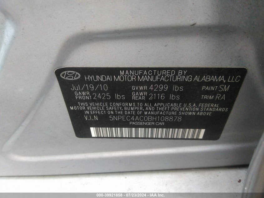 2011 Hyundai Sonata Limited VIN: 5NPEC4AC0BH108878 Lot: 39921858