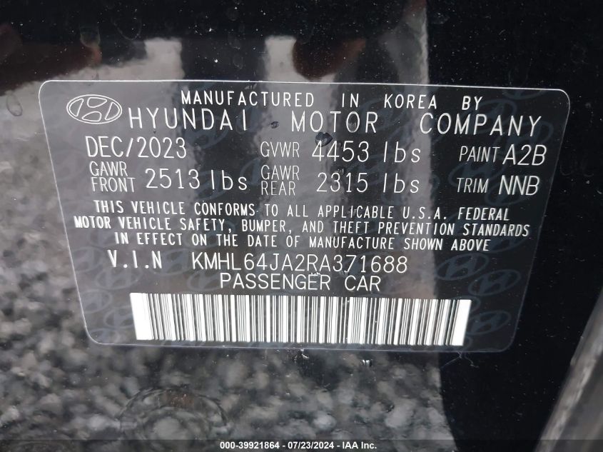 2024 Hyundai Sonata Sel VIN: KMHL64JA2RA371688 Lot: 39921864