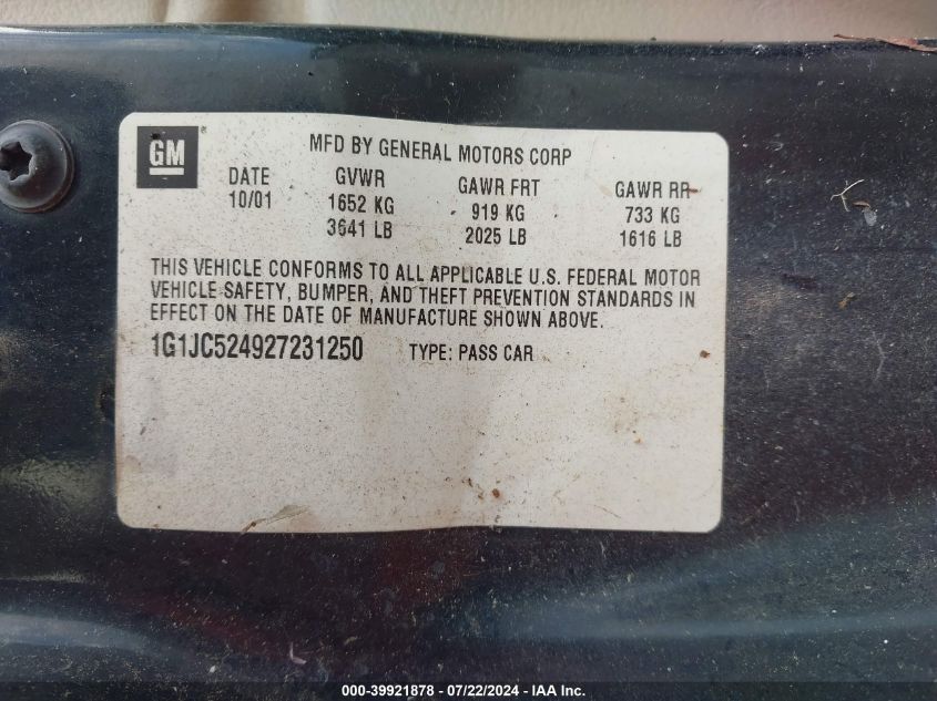 2002 Chevrolet Cavalier VIN: 1G1JC524927231250 Lot: 39921878