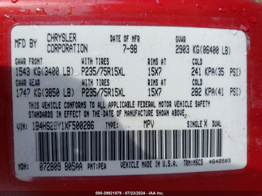 1999 Dodge Durango VIN: 1B4HS28Y1XF500286 Lot: 39921879