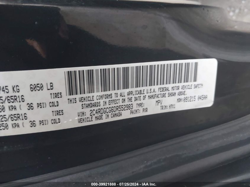 2013 Dodge Grand Caravan Sxt VIN: 2C4RDGCG6DR552983 Lot: 39921888